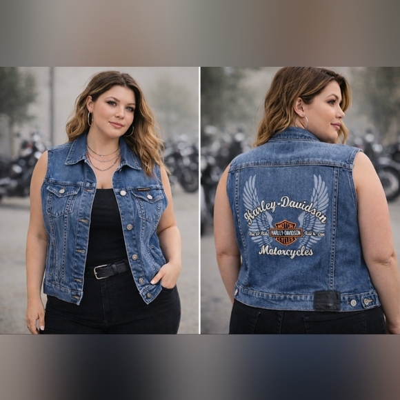 Harley-Davidson Jackets & Blazers - HARLEY-DAVIDSON Denim Vest Embroidered Wings Logo Moto Biker 2007